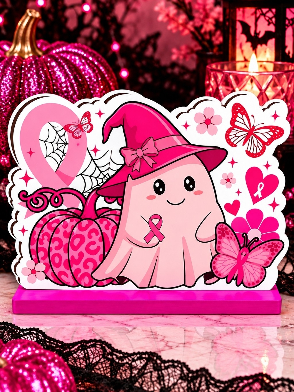 Pink Witch Ghost Breast Cancer Awareness Halloween Table Decor!!